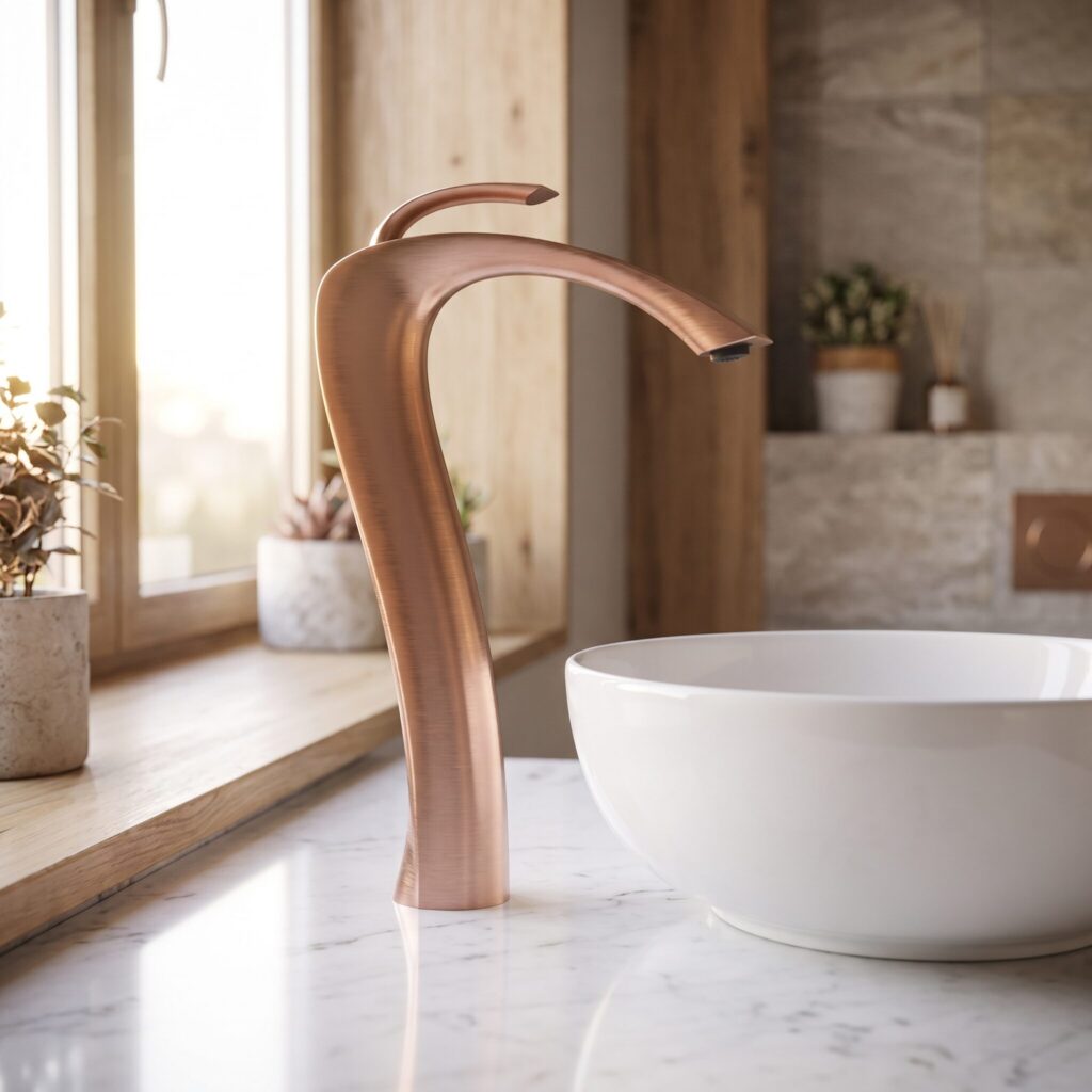 Aqualux Fırçalı Rose Gold Çanak Lavabo Bataryası banyo ortamında