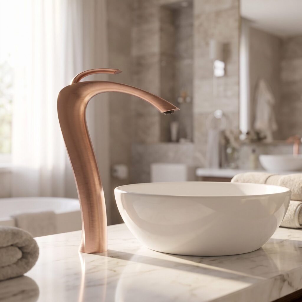 Aqualux Fırçalı Rose Gold Çanak Lavabo Bataryası banyo ortamında