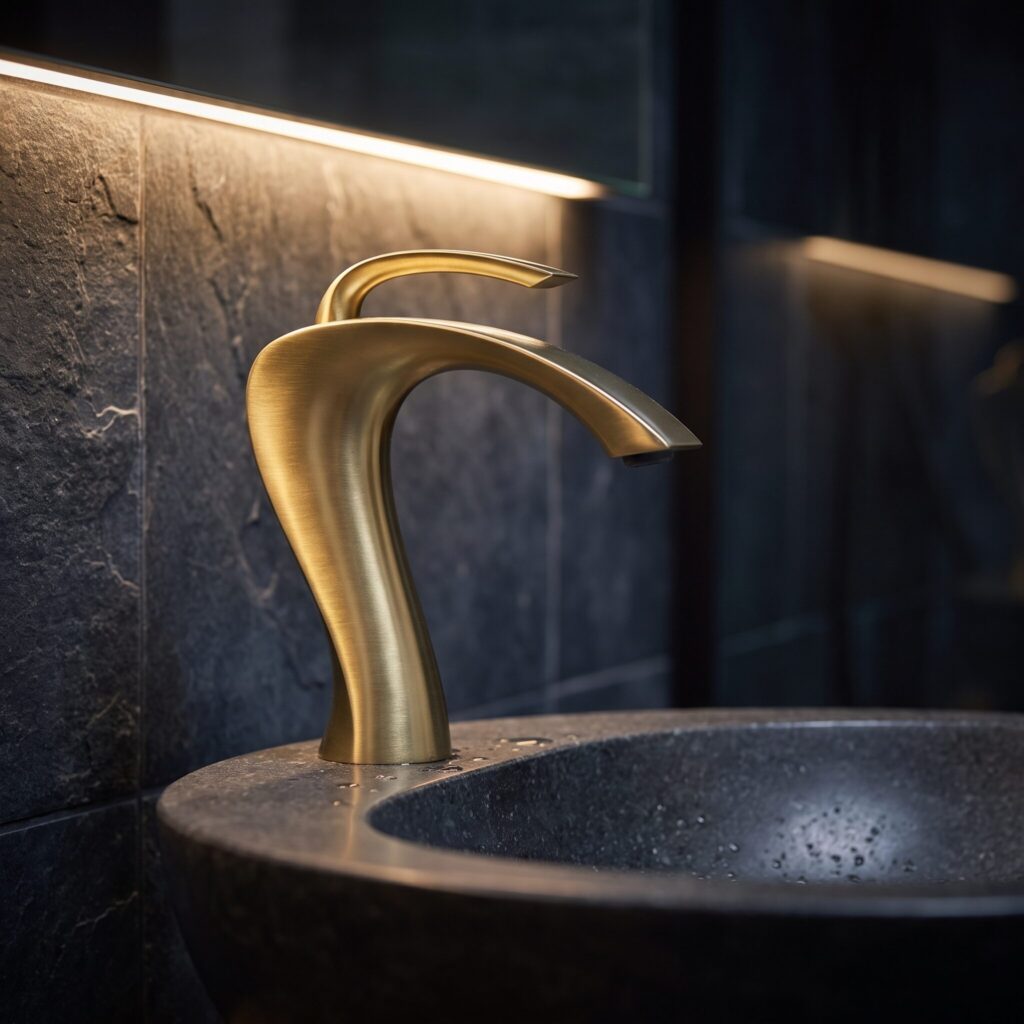 Aqualux Fırçalı Altın Lavabo Bataryası banyo ortamında