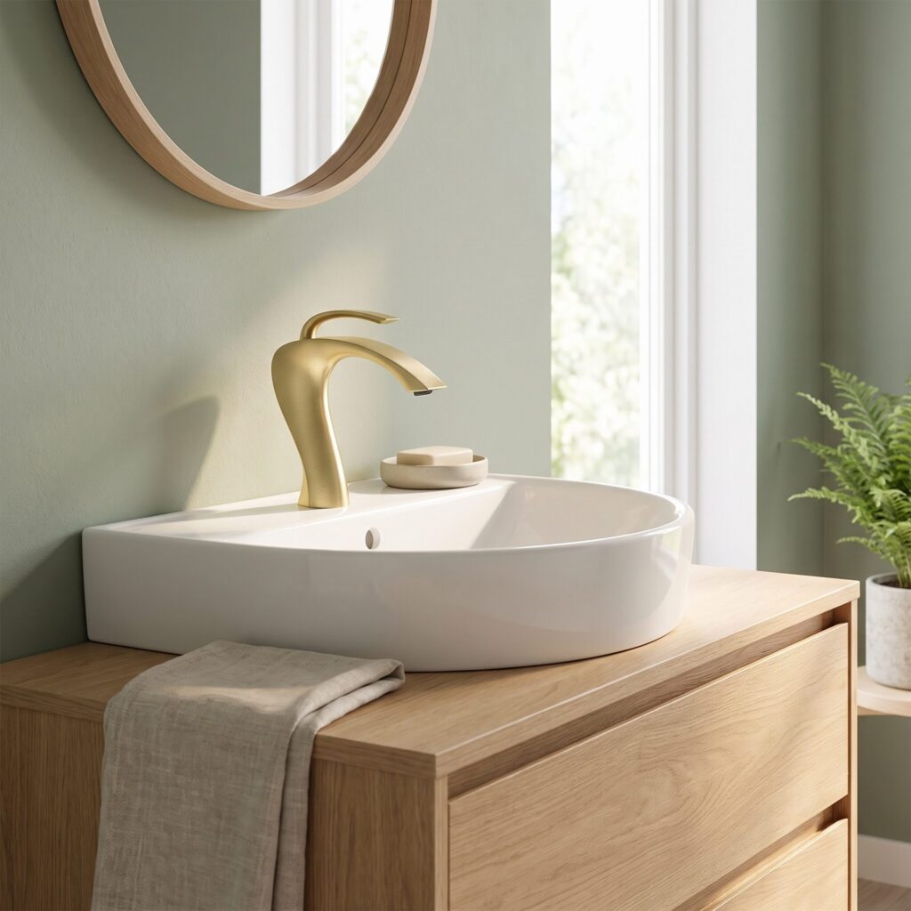 Aqualux Fırçalı Altın Lavabo Bataryası banyo ortamında
