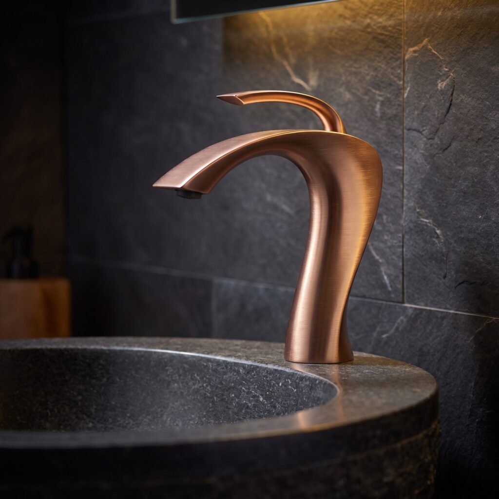Aqualux Fırçalı Rose Gold Lavabo Bataryası banyo ortamında