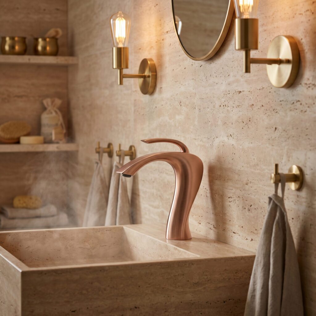 Aqualux Fırçalı Rose Gold Lavabo Bataryası banyo ortamında