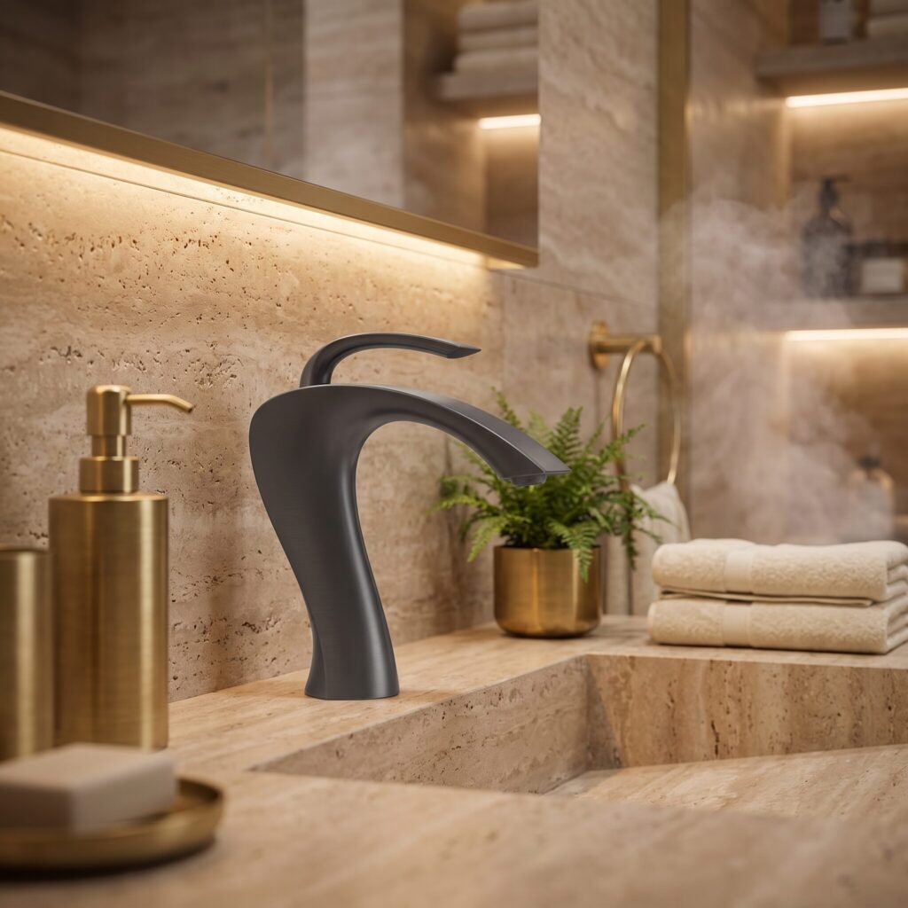 Aqualux Metalik Siyah Lavabo Bataryası banyo ortamında