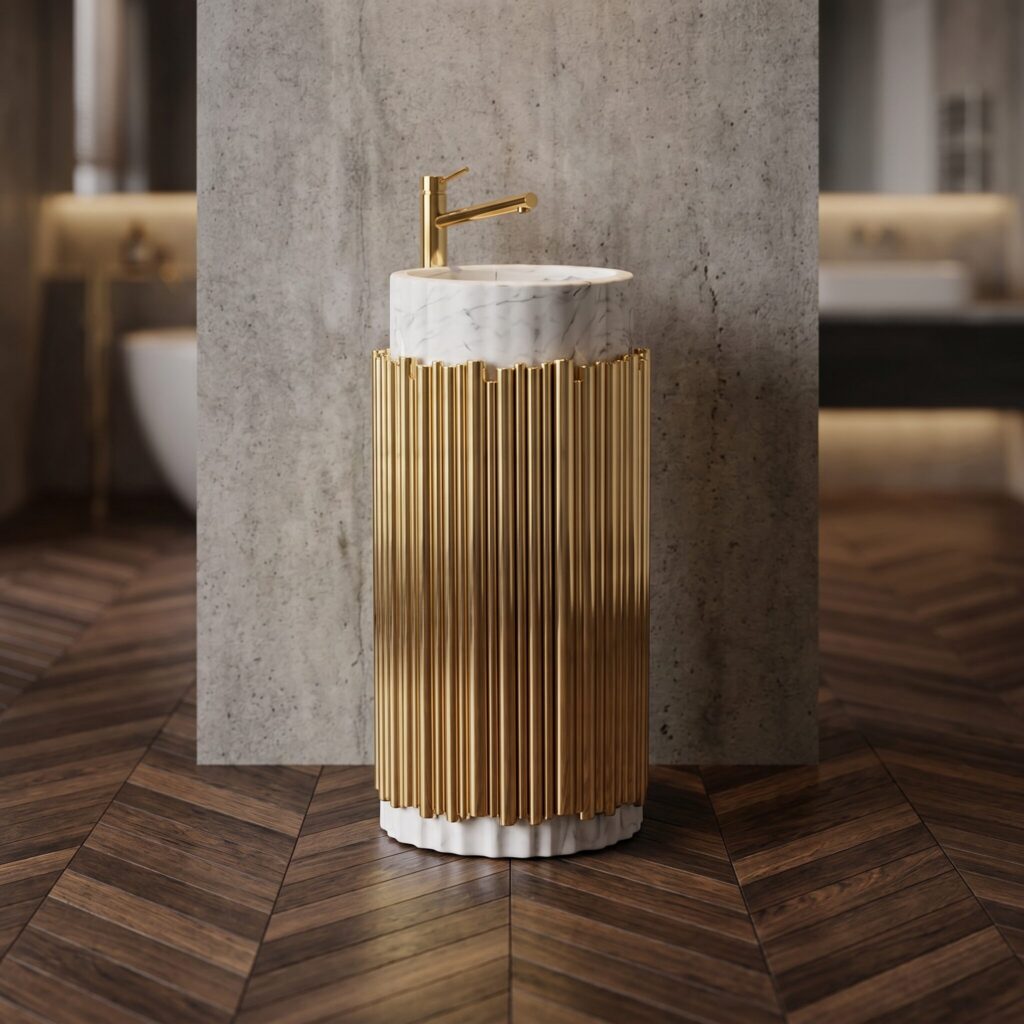 Aurora Beyaz Altın Monoblok Lavabo banyo ortamında