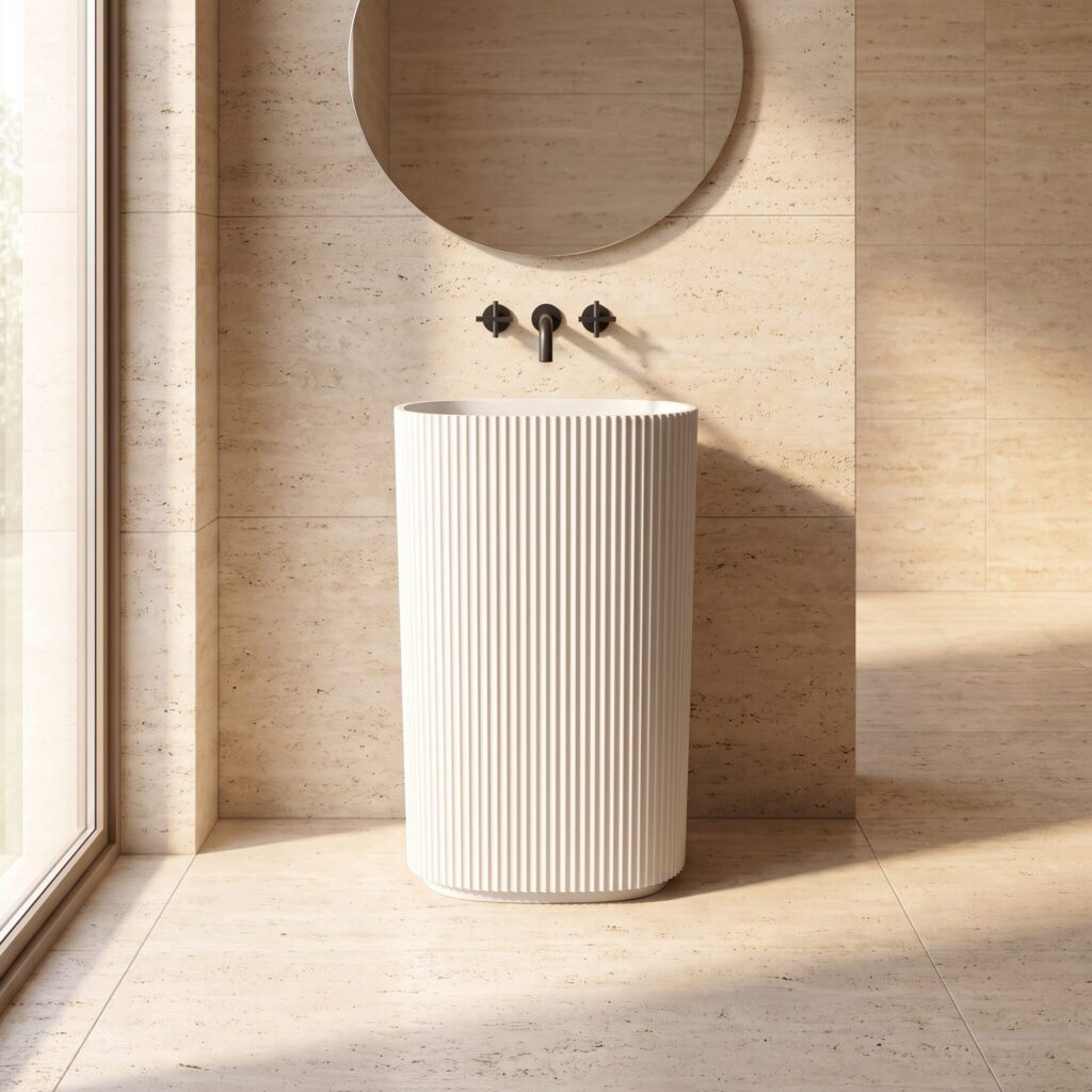 Aura Beyaz Monoblok Lavabo banyo ortamında