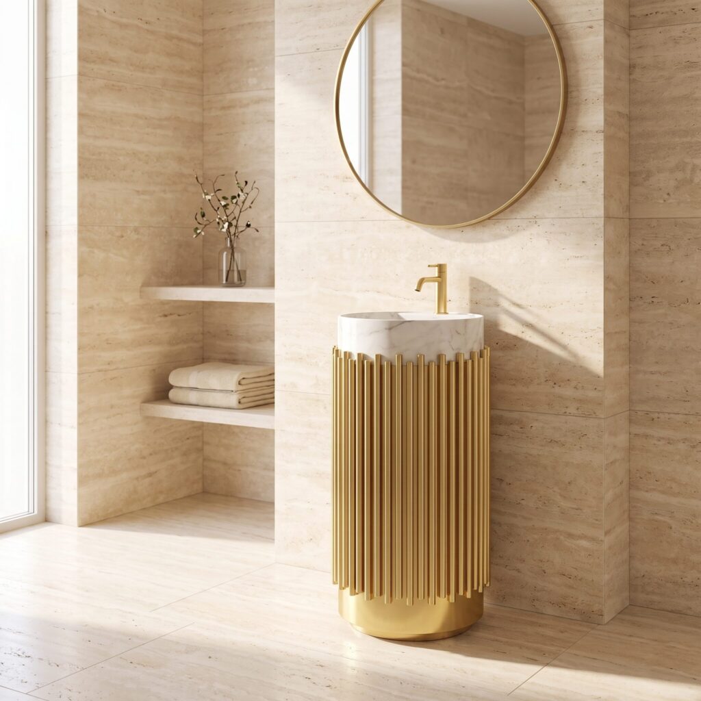 Aurora Altın Monoblok Lavabo banyo ortamında