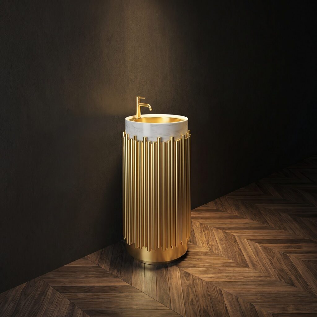 Aurora Altın Monoblok Lavabo banyo ortamında