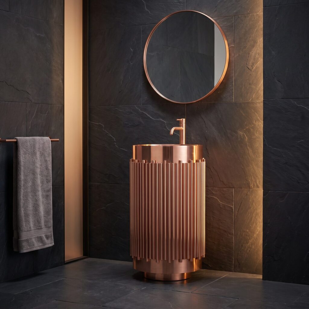 Aurora Rose Gold Monoblok Lavabo banyo ortamında