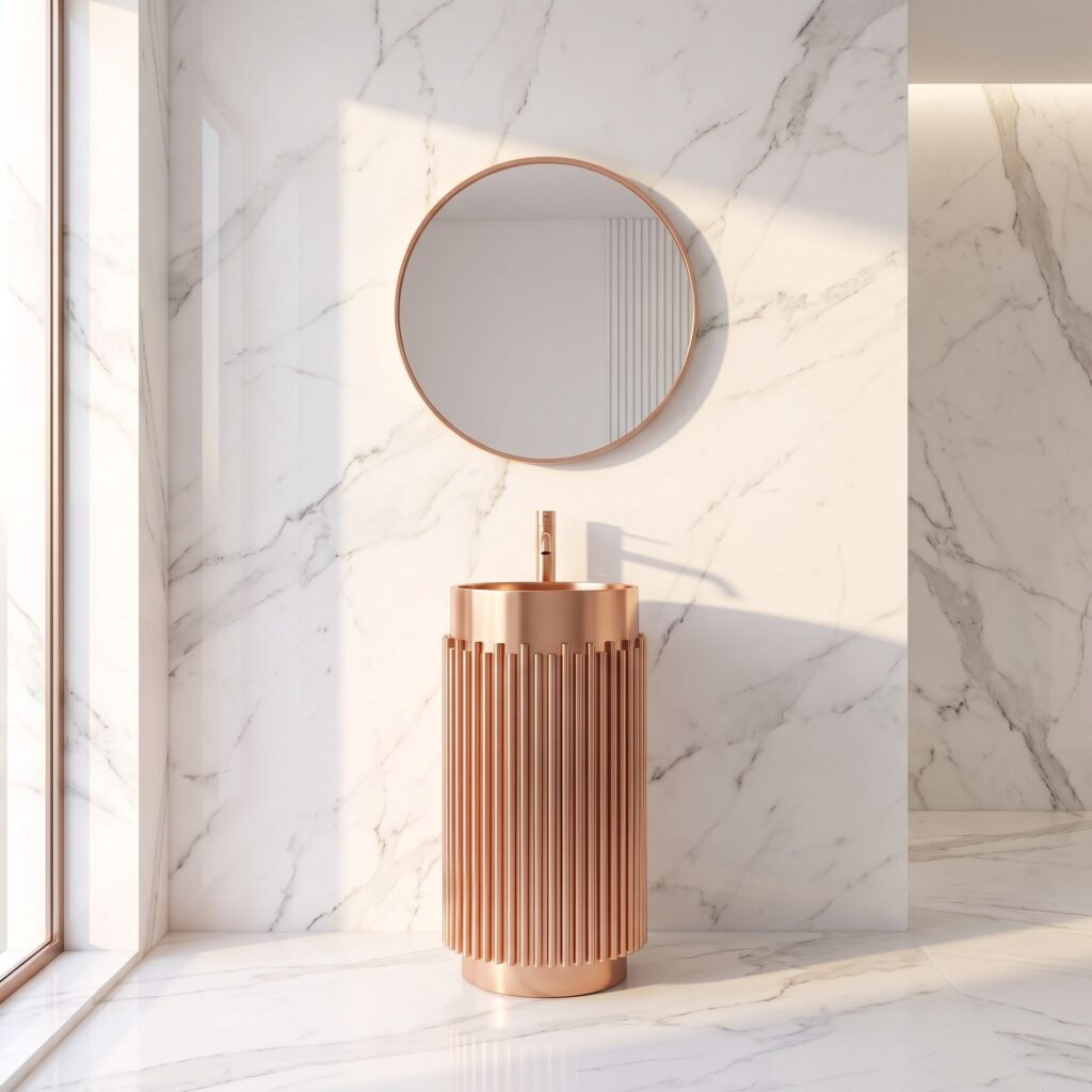 Aurora Rose Gold Monoblok Lavabo banyo ortamında