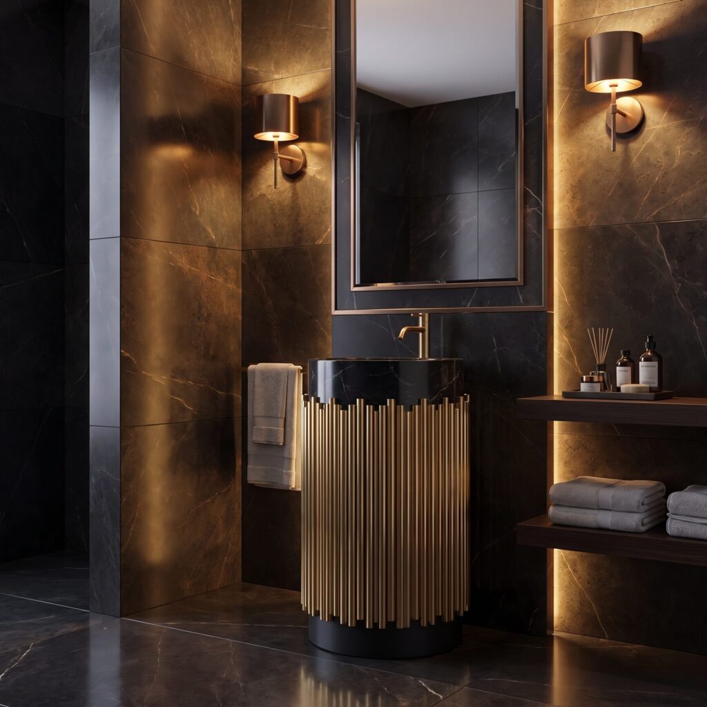 Aurora Siyah Monoblok Lavabo banyo ortamında