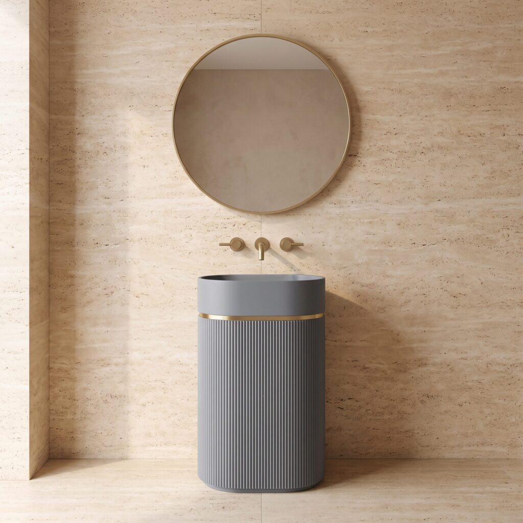 Luna Mat Gri Monoblok Lavabo banyo ortamında