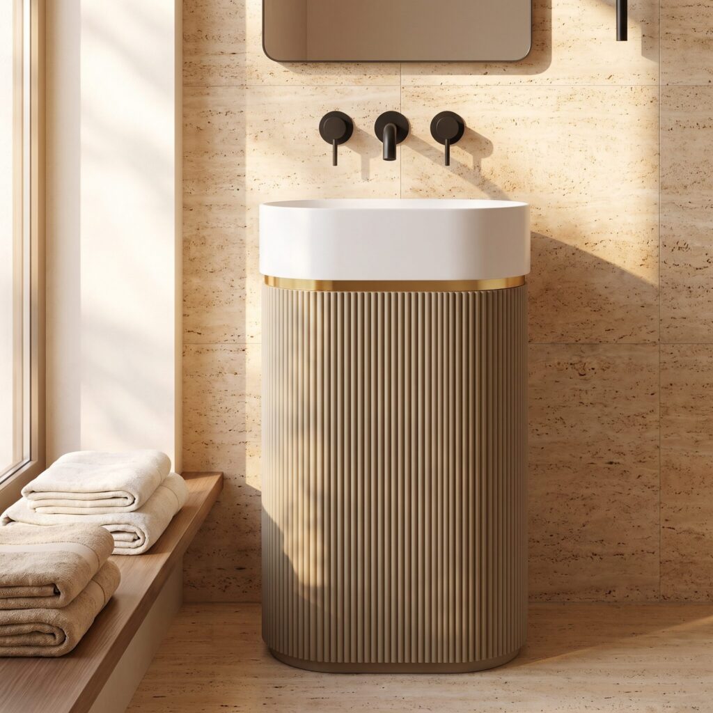 Luna Mat Haki Beyaz Monoblok Lavabo banyo ortamında