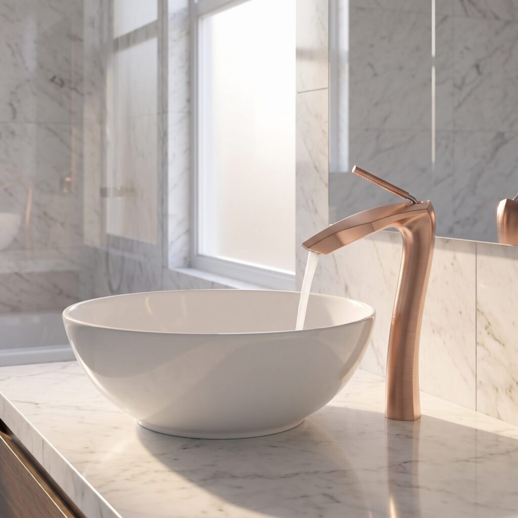 Serene Fırçalı Rose Gold Çanak Lavabo Bataryası banyo ortamında