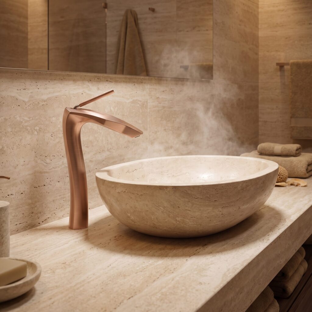 Serene Fırçalı Rose Gold Çanak Lavabo Bataryası banyo ortamında