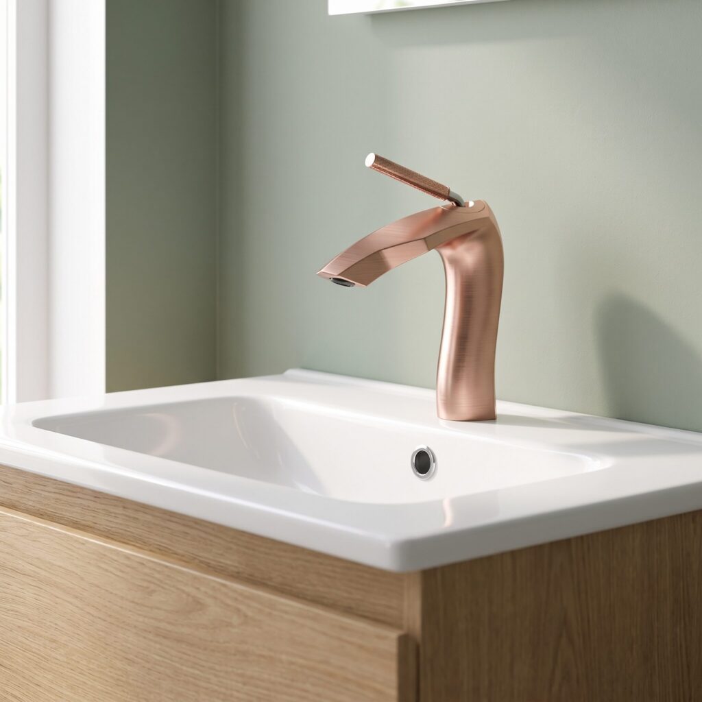 Serene Fırçalı Rose Gold Lavabo Bataryası banyo ortamında