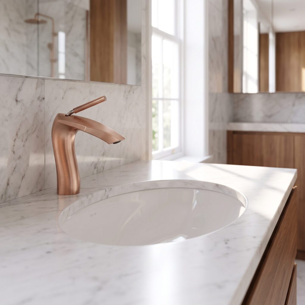 Serene Fırçalı Rose Gold Lavabo Bataryası banyo ortamında