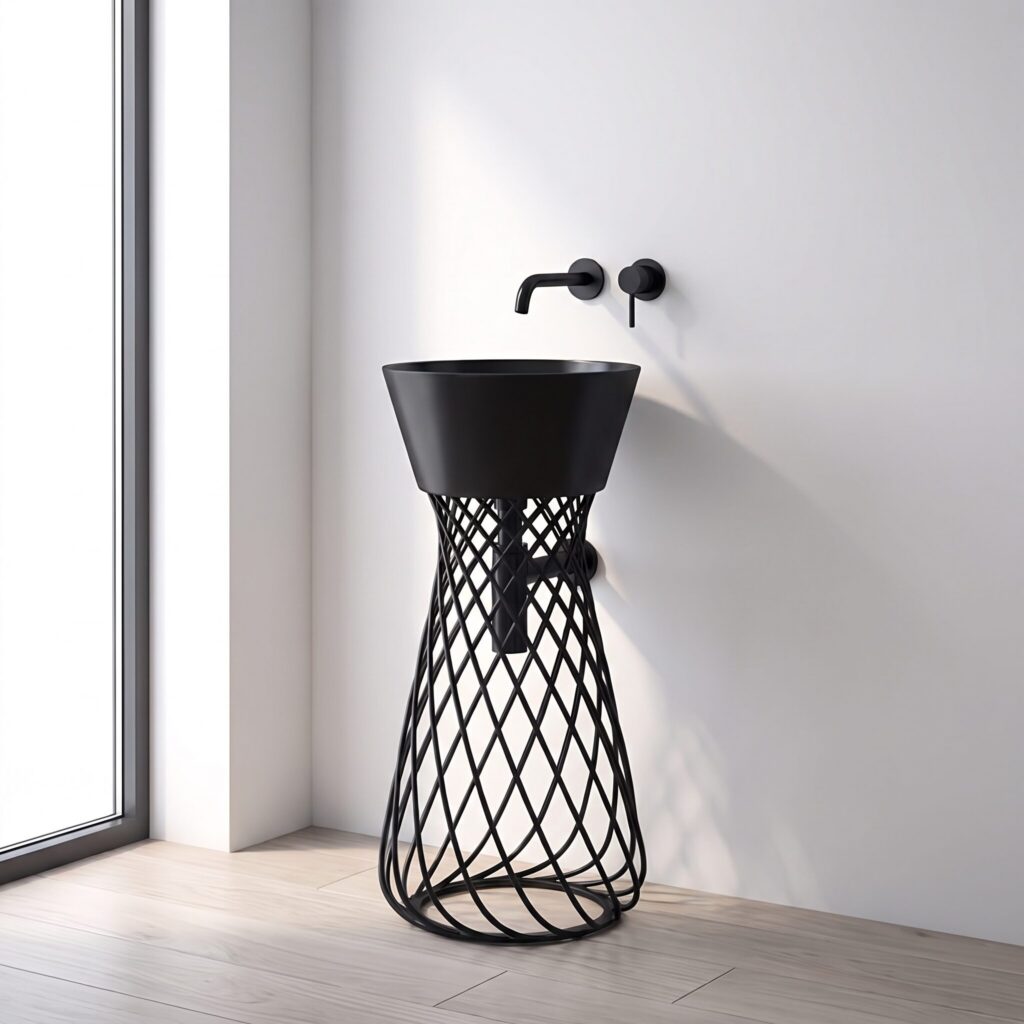 Vortex Mat Siyah Monoblok Lavabo banyo ortamında