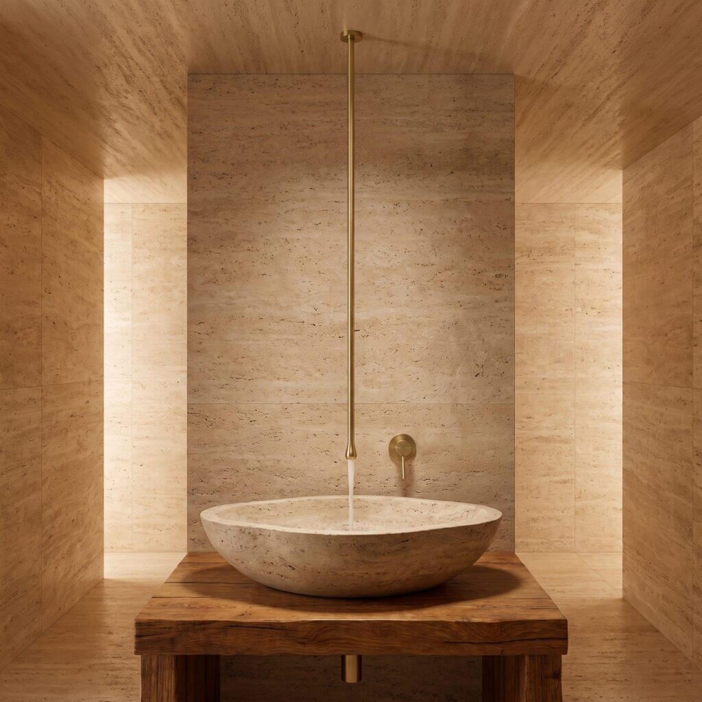 Zenflow Fırçalı Altın Tavandan Lavabo Bataryası banyo ortamında