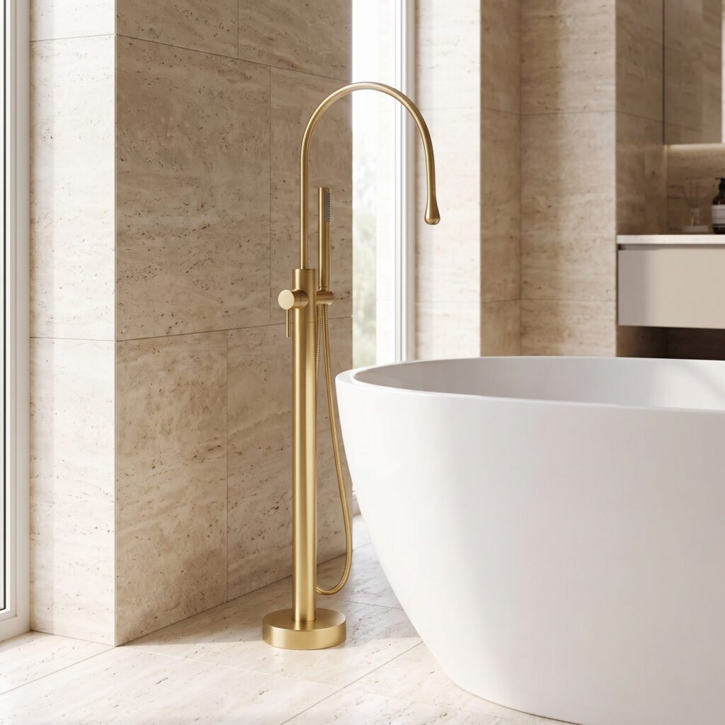 Zenflow Fırçalı Altın Yerden Küvet Bataryası banyo ortamında