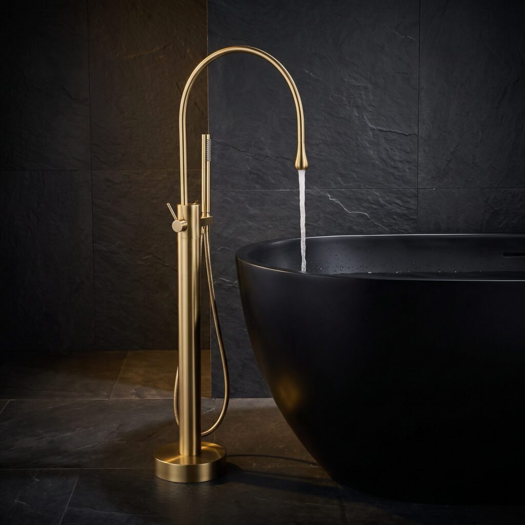 Zenflow Fırçalı Altın Yerden Küvet Bataryası banyo ortamında