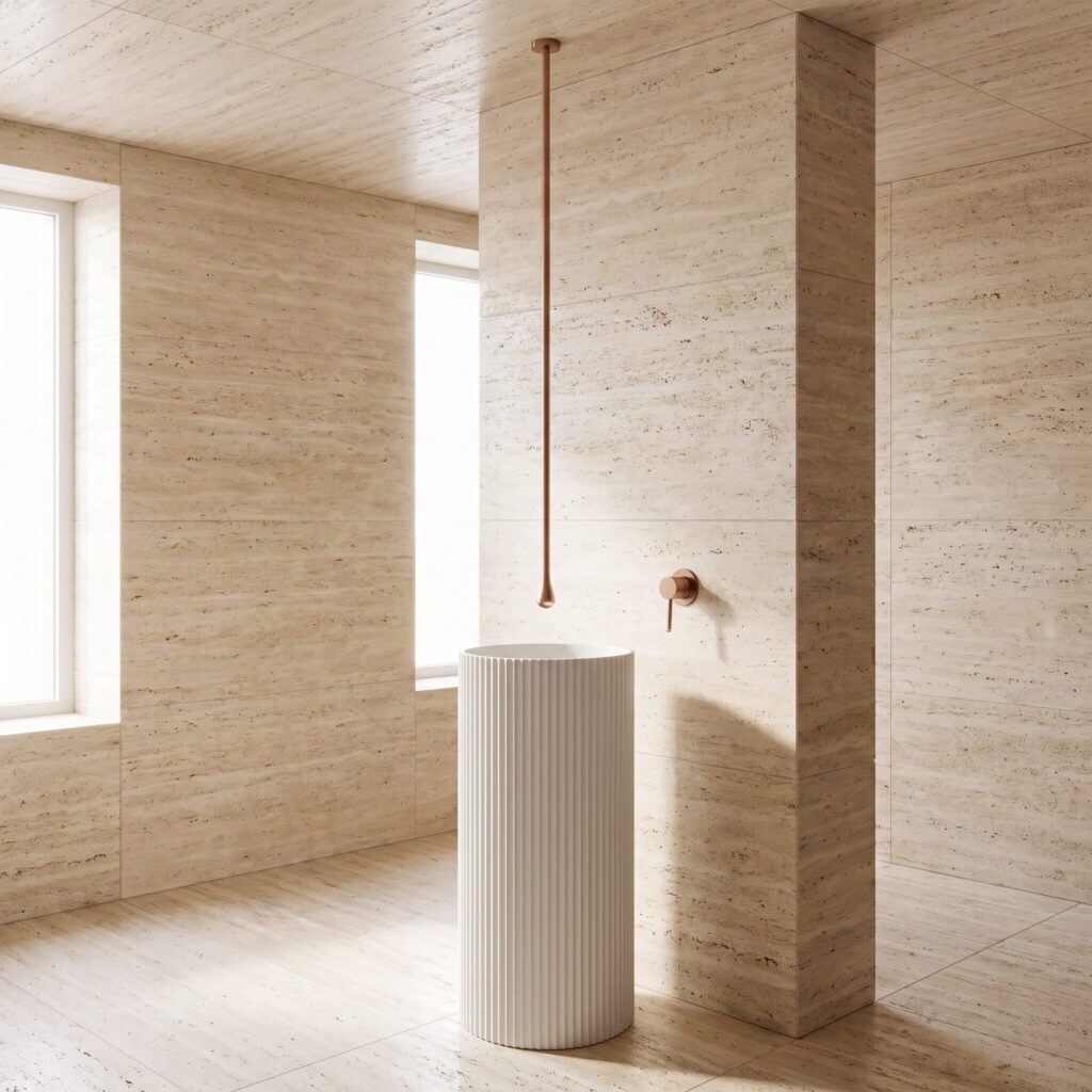 Zenflow Fırçalı Rose Gold Tavandan Lavabo Bataryası banyo ortamında