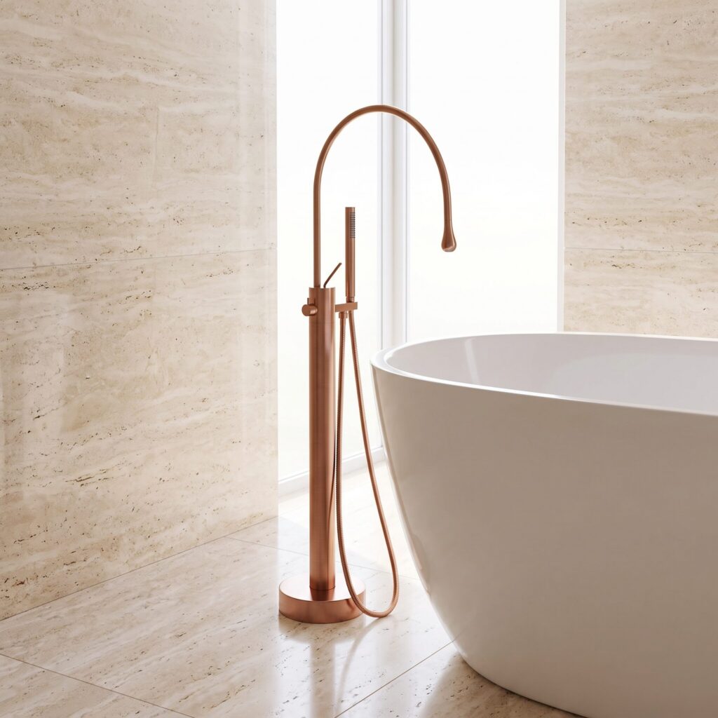 Zenflow Fırçalı Rose Gold Yerden Küvet Bataryası banyo ortamında