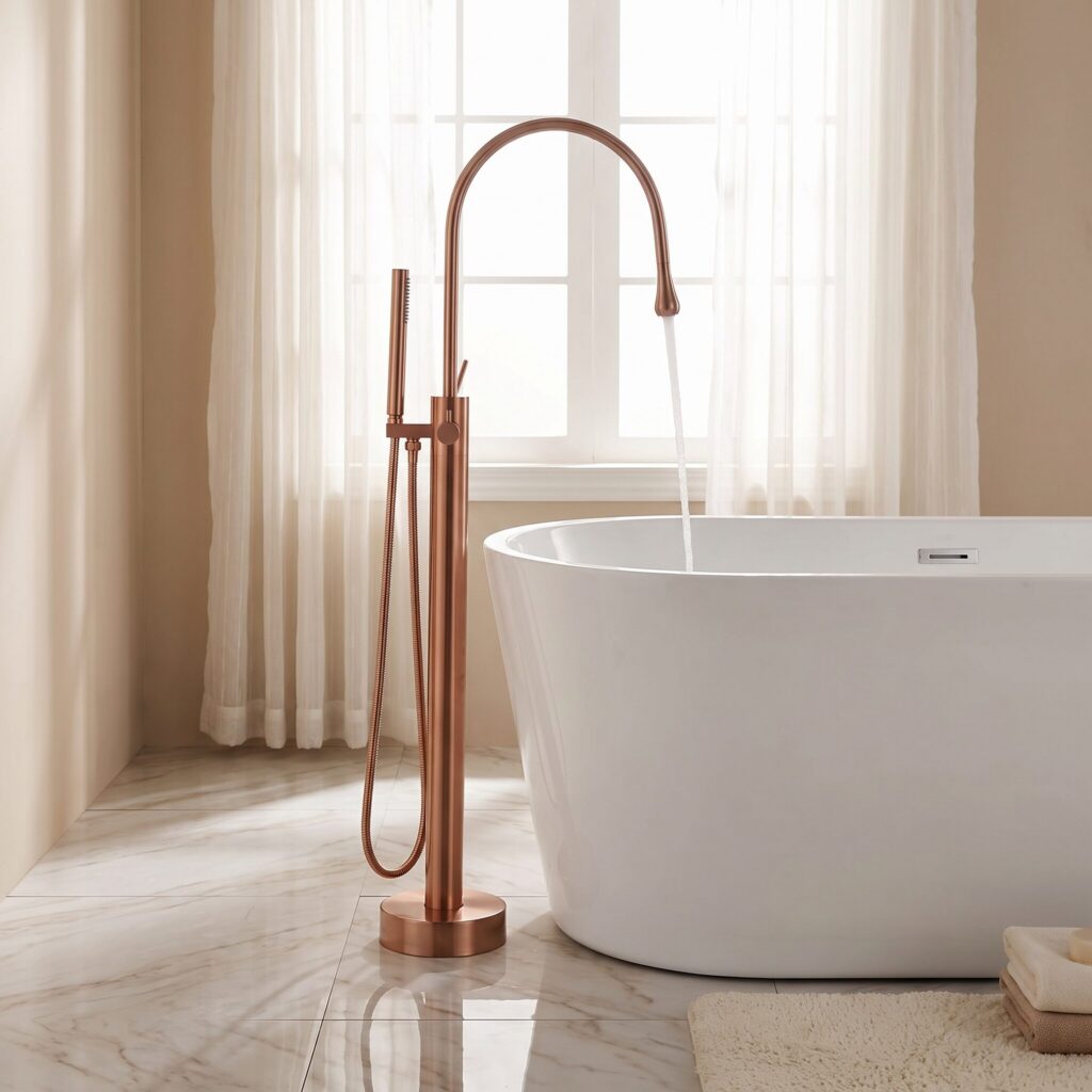 Zenflow Fırçalı Rose Gold Yerden Küvet Bataryası banyo ortamında