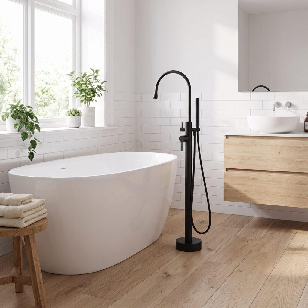 Zenflow Mat Siyah Yerden Küvet Bataryası banyo ortamında