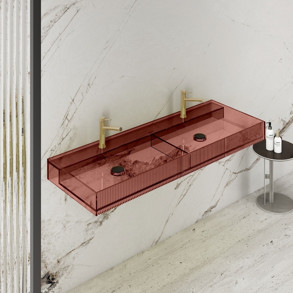 Aura 120 cm Çift Bölmeli Şeffaf Kırmızı Cam Lavabo