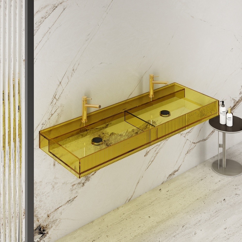 Aura 120 cm Çift Bölmeli Şeffaf Sarı Cam Lavabo