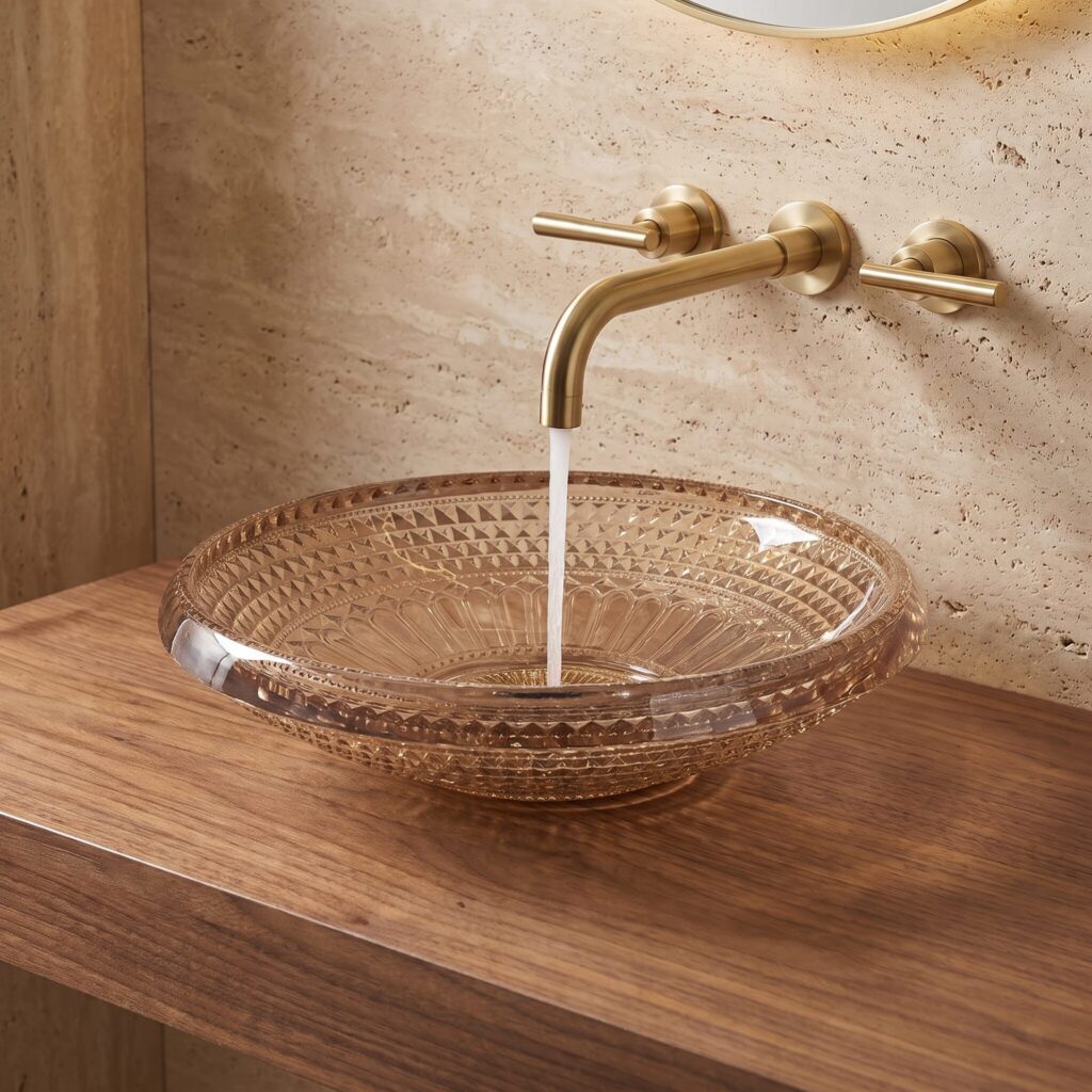 Core Bej Dekoratif Oval Cam Lavabo banyo ortamında
