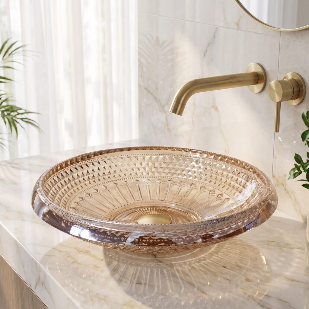 Core Bej Dekoratif Oval Cam Lavabo banyo ortamında